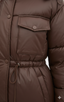 Bel Bağcıklı Çok Cepli Kapüşonlu Uzun Dolgulu Kadın Mont (Kahverengi)