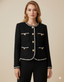 Zincir Biyeli ve Altın Düğmeli Kısa Tweed Kadın Ceket (Siyah)
