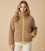 Yüksek Yaka Kontrast Dikişli Peluş Kadın Ceket (Bej)