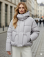 Çift Düğmeli Kapüşonlu Oversize Dolgulu Kadın Mont (Açık Gri)
